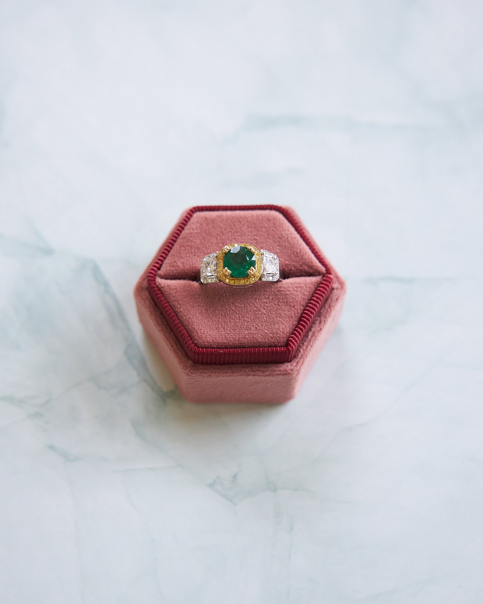 18 Karat White Gold Emerald, Fancy Yellow, and White Diamond Ring