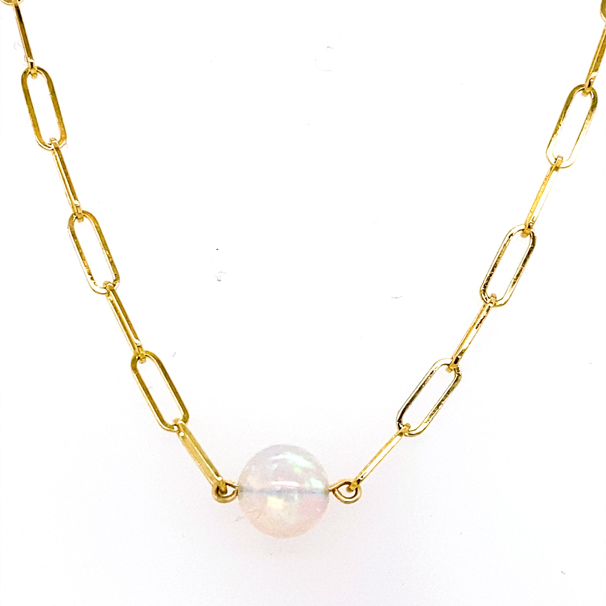 14 Karat Yellow Gold Opal Paperclip Necklace