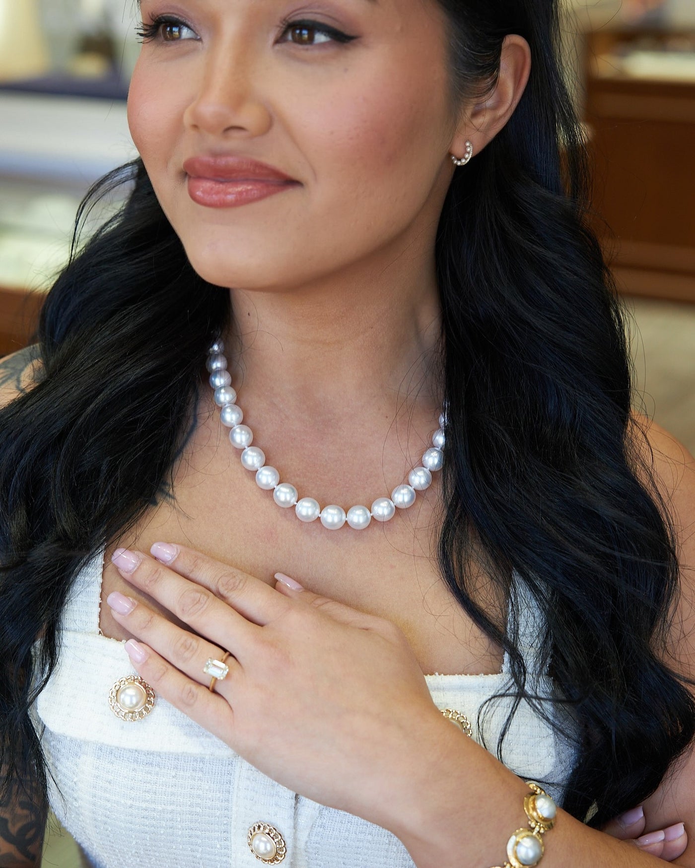 14 Karat Yellow Gold Freshwater Pearl and Diamond Earrings