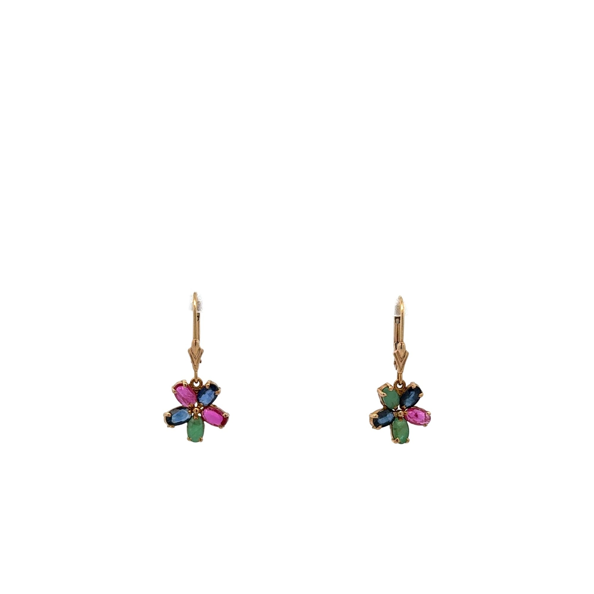 14 Karat Yellow Gold Ruby, Sapphire, and Emerald Earrings
