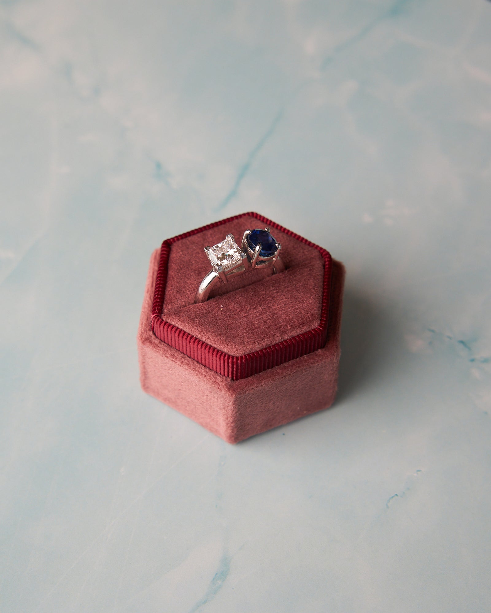Platinum Toi et Moi Ring with 2.22ct Oval Sapphire and 1.50ct Princess Cut Diamond