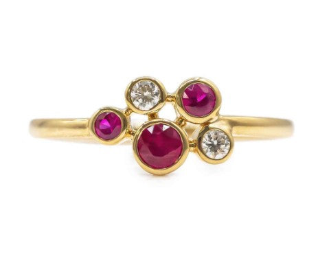 14 Karat Yellow Gold Ruby and Diamond Cluster Ring