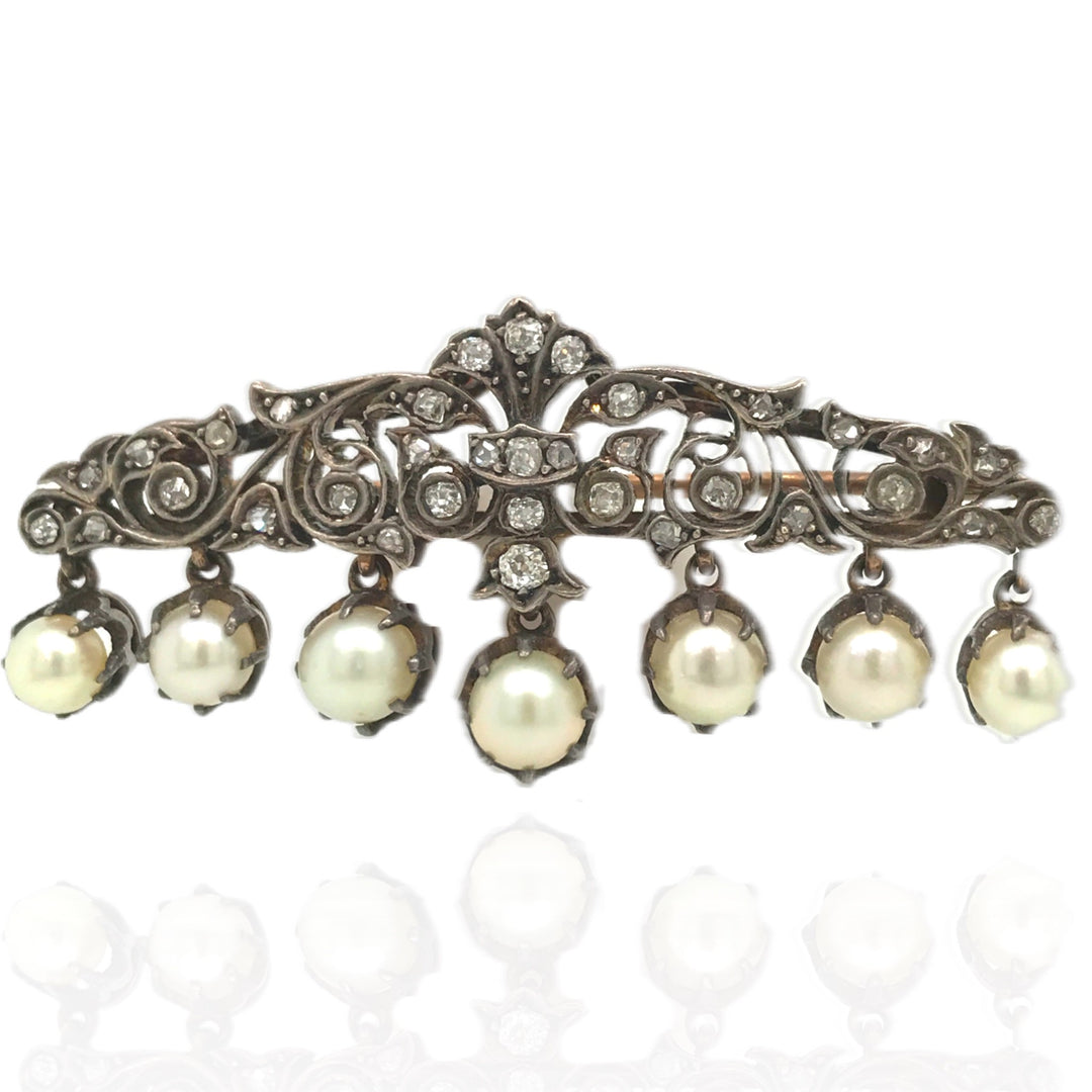 Victorian Era Diamond Brooch with Natural Pearl Dangles