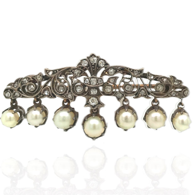 Victorian Era Diamond Brooch with Natural Pearl Dangles