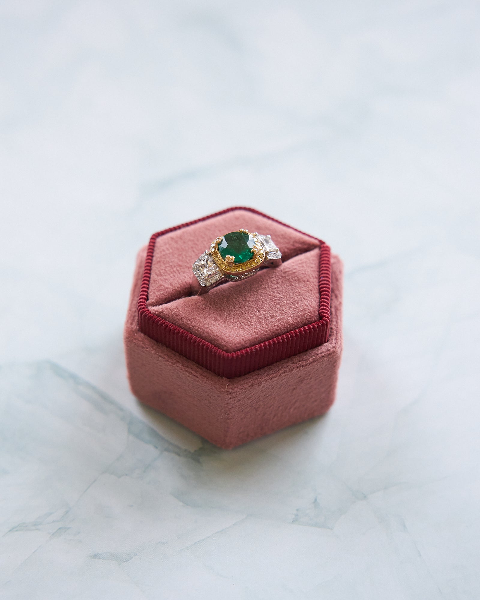 18 Karat White Gold Emerald, Fancy Yellow, and White Diamond Ring