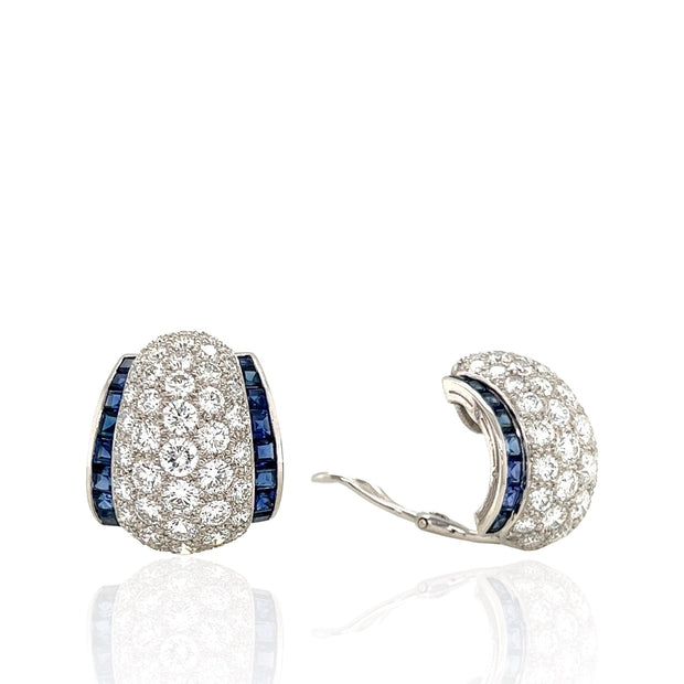 Platinum Diamond and Blue Sapphire Clip Earrings