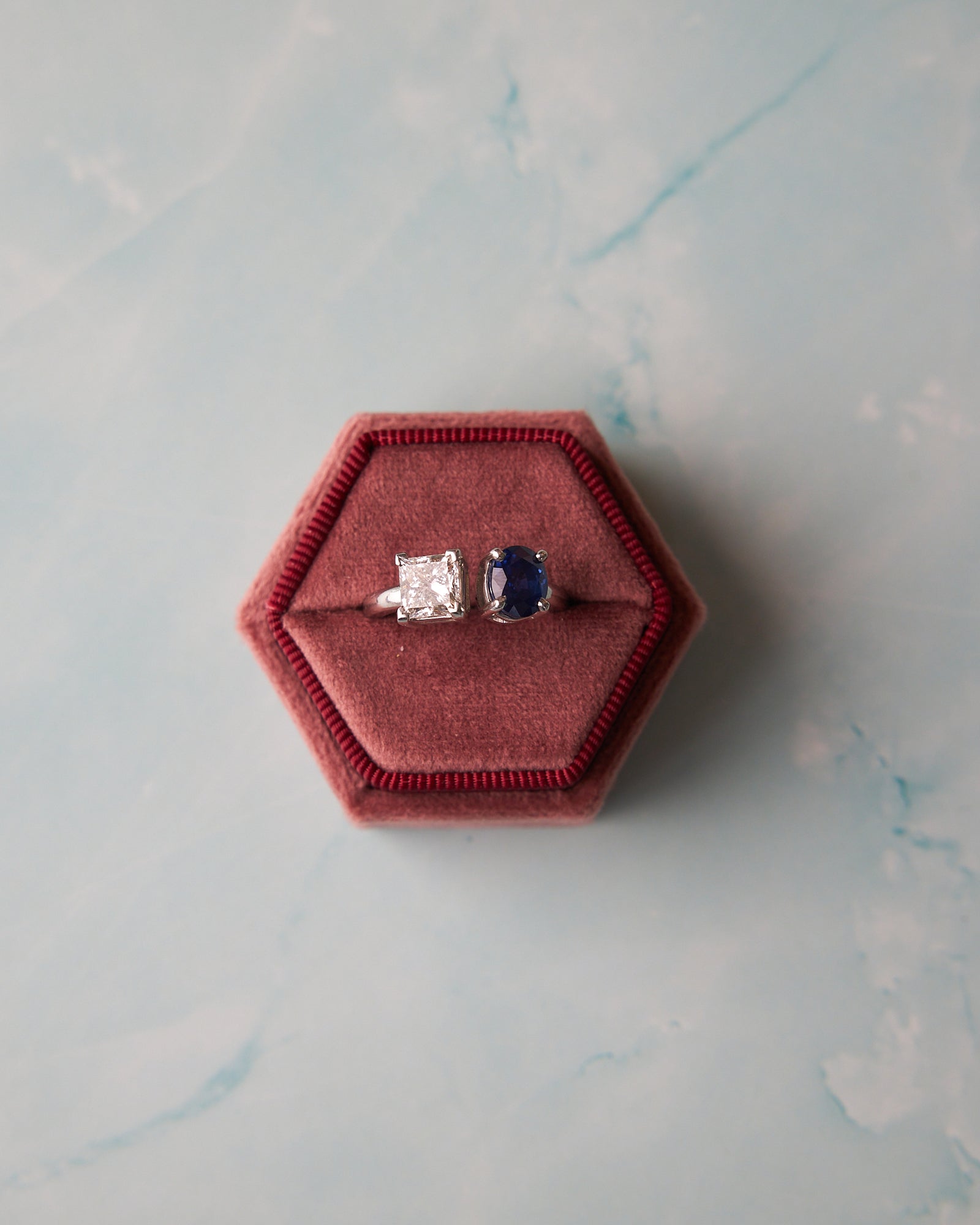 Platinum Toi et Moi Ring with 2.22ct Oval Sapphire and 1.50ct Princess Cut Diamond