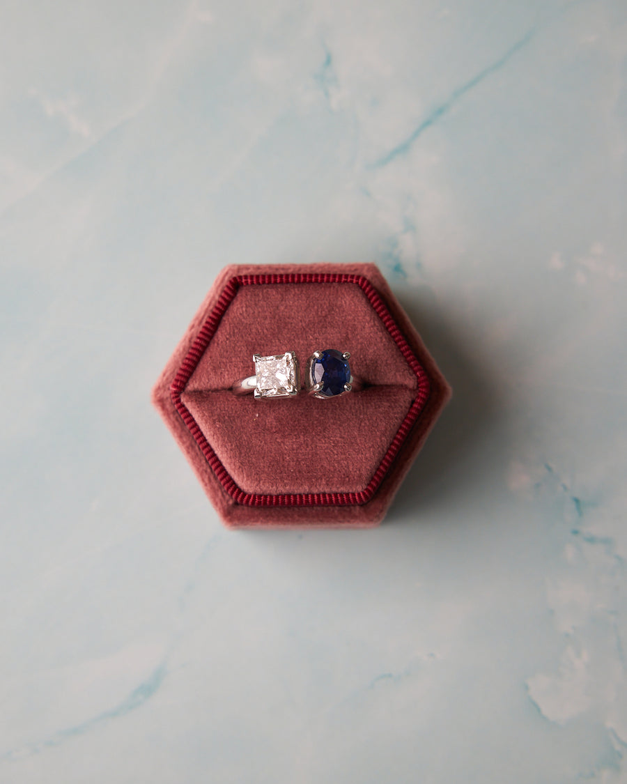 Platinum Toi et Moi Ring with 2.22ct Oval Sapphire and 1.50ct Princess Cut Diamond