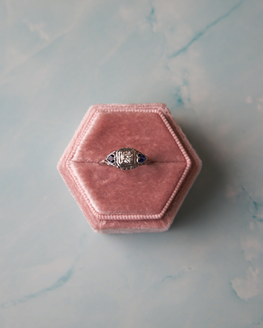 Vintage-Inspired Filigree Diamond Engagement Ring with Heart-Shaped Synthetic Sapphires