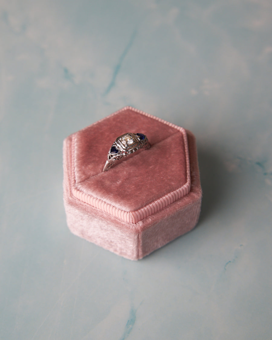 Vintage-Inspired Filigree Diamond Engagement Ring with Heart-Shaped Synthetic Sapphires