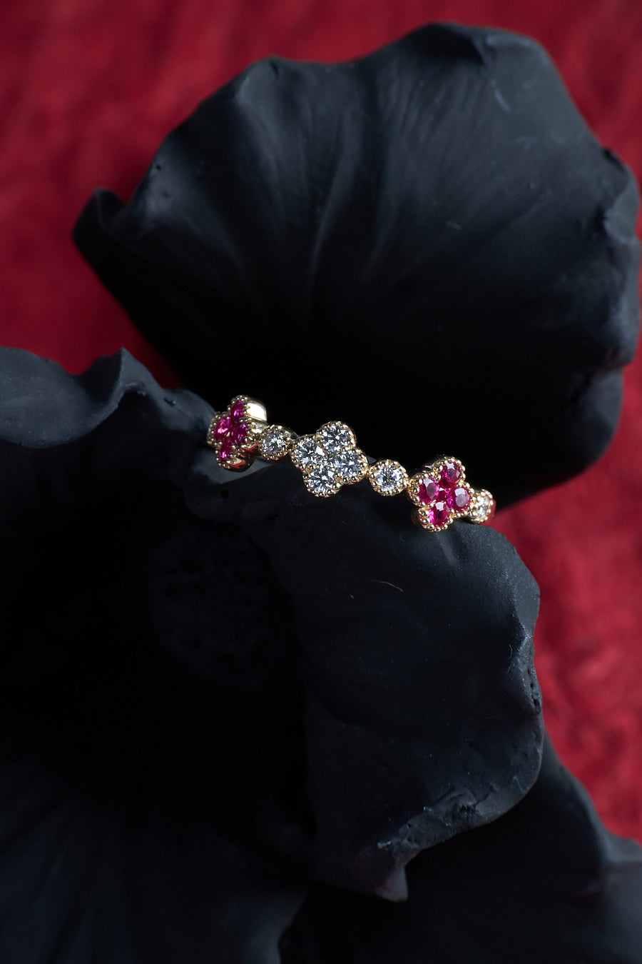 14 Karat Yellow Gold Ruby and Diamond Clover Ring