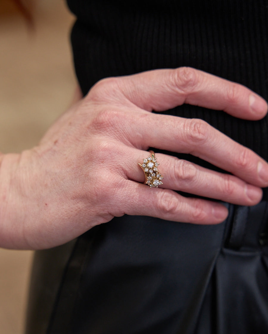 14 Karat Yellow Gold By Pass Cluster Diamond Ring