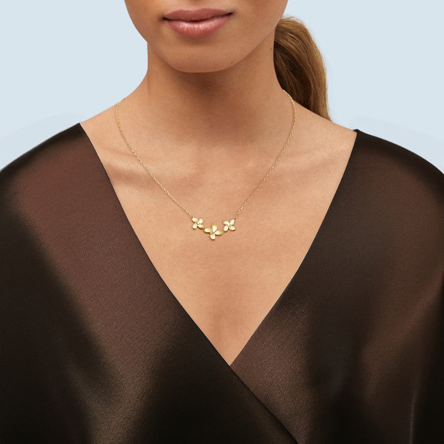 Triple Flower Diamond Necklace in 14K Yellow Gold