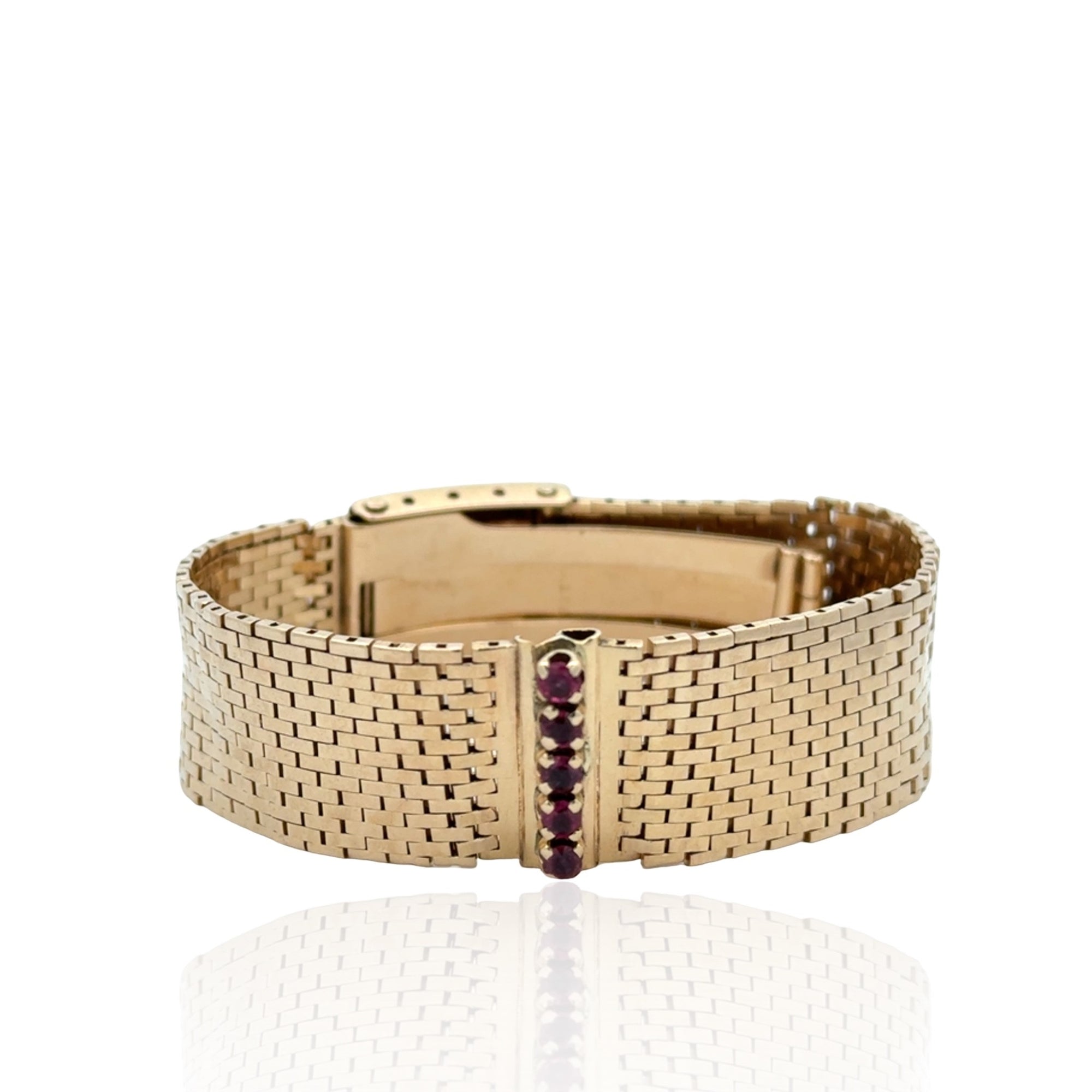 14 Karat Yellow Gold Wide Link Ruby Bracelet