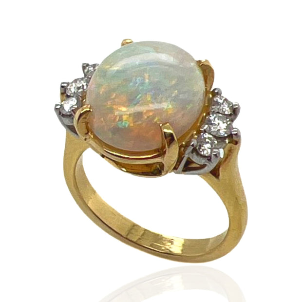 Handmade 18 Karat Yellow Gold Opal and Diamond Ring