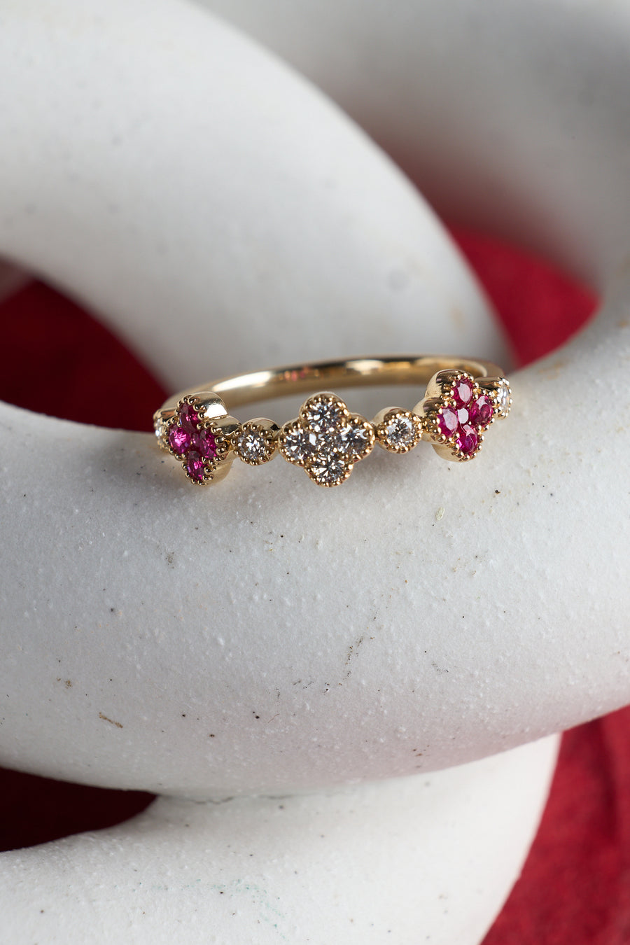 14 Karat Yellow Gold Ruby and Diamond Clover Ring