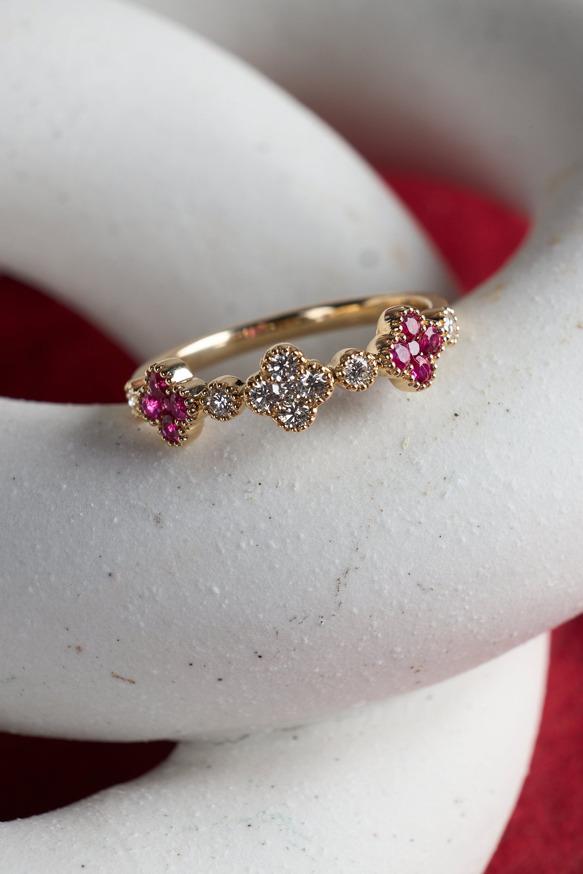 14 Karat Yellow Gold Ruby and Diamond Clover Ring
