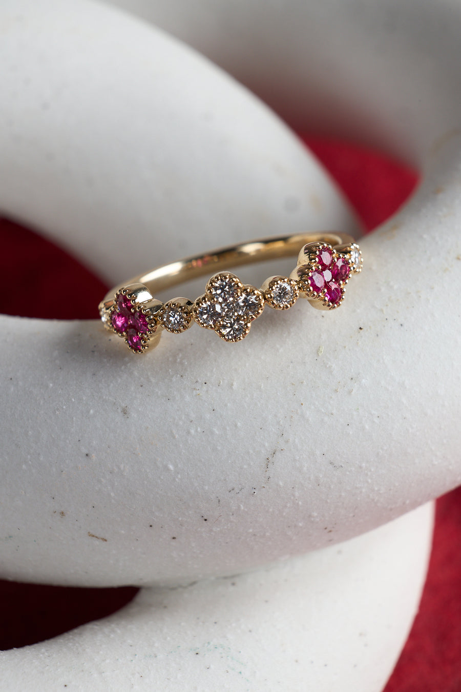 14 Karat Yellow Gold Ruby and Diamond Clover Ring