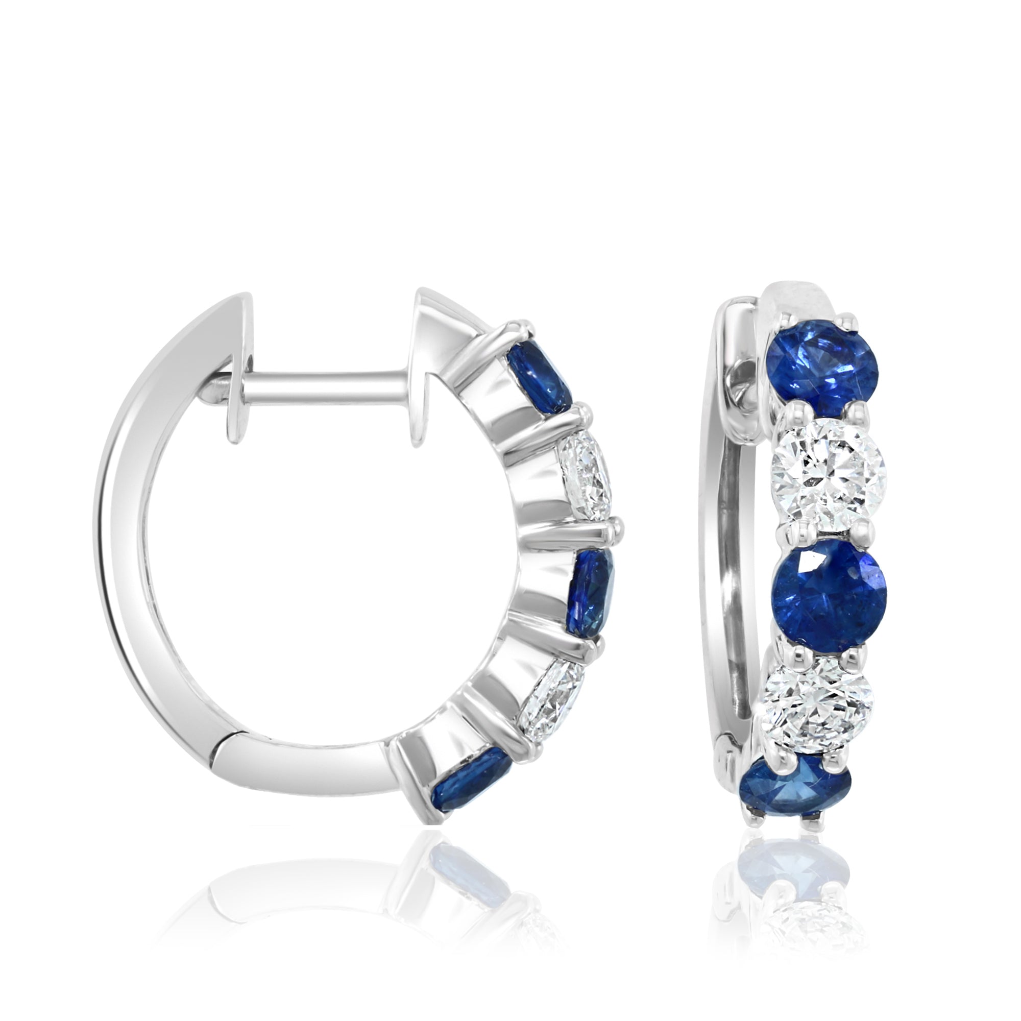 14 Karat White Gold Alternating Sapphire and Diamond Hoop Earrings