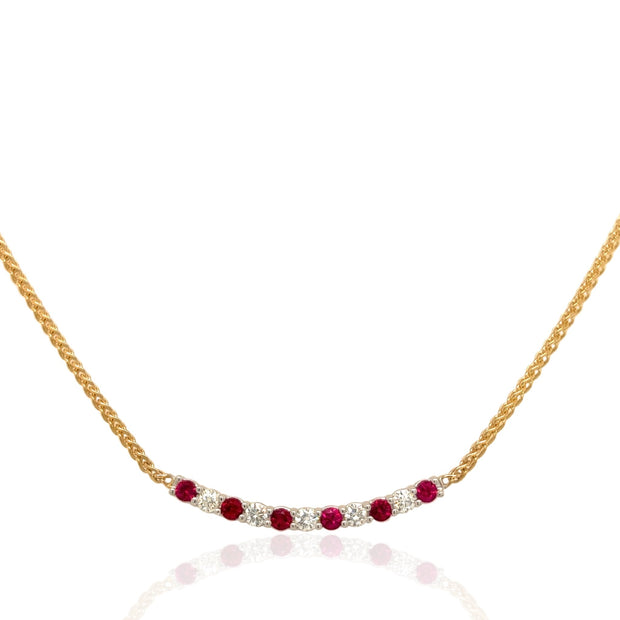 14 Karat Yellow Gold Ruby and Diamond Bar Necklace
