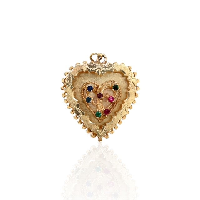 14 Karat Yellow Gold Heart Charm with Synthetic Stones