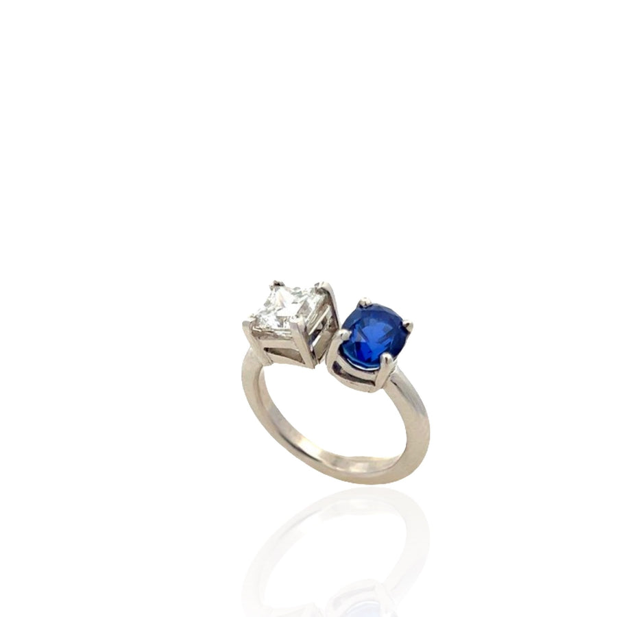 Platinum Toi et Moi Ring with 2.22ct Oval Sapphire and 1.50ct Princess Cut Diamond
