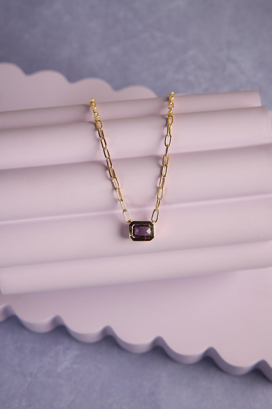 14 Karat Yellow Gold Amethyst Paperclip Necklace