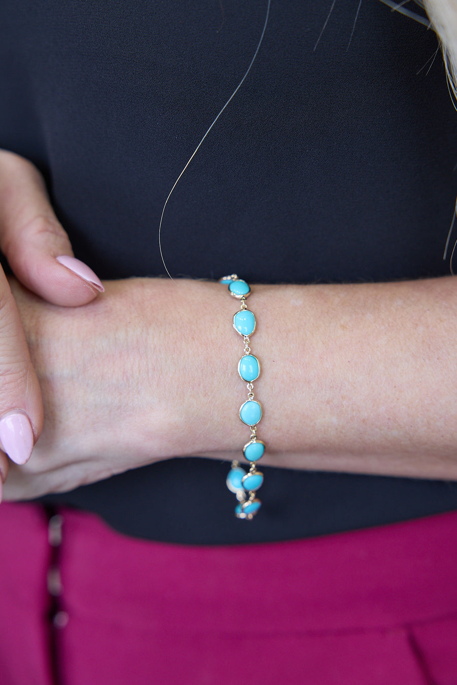 14 Karat Yellow Gold Turquoise Station Bracelet