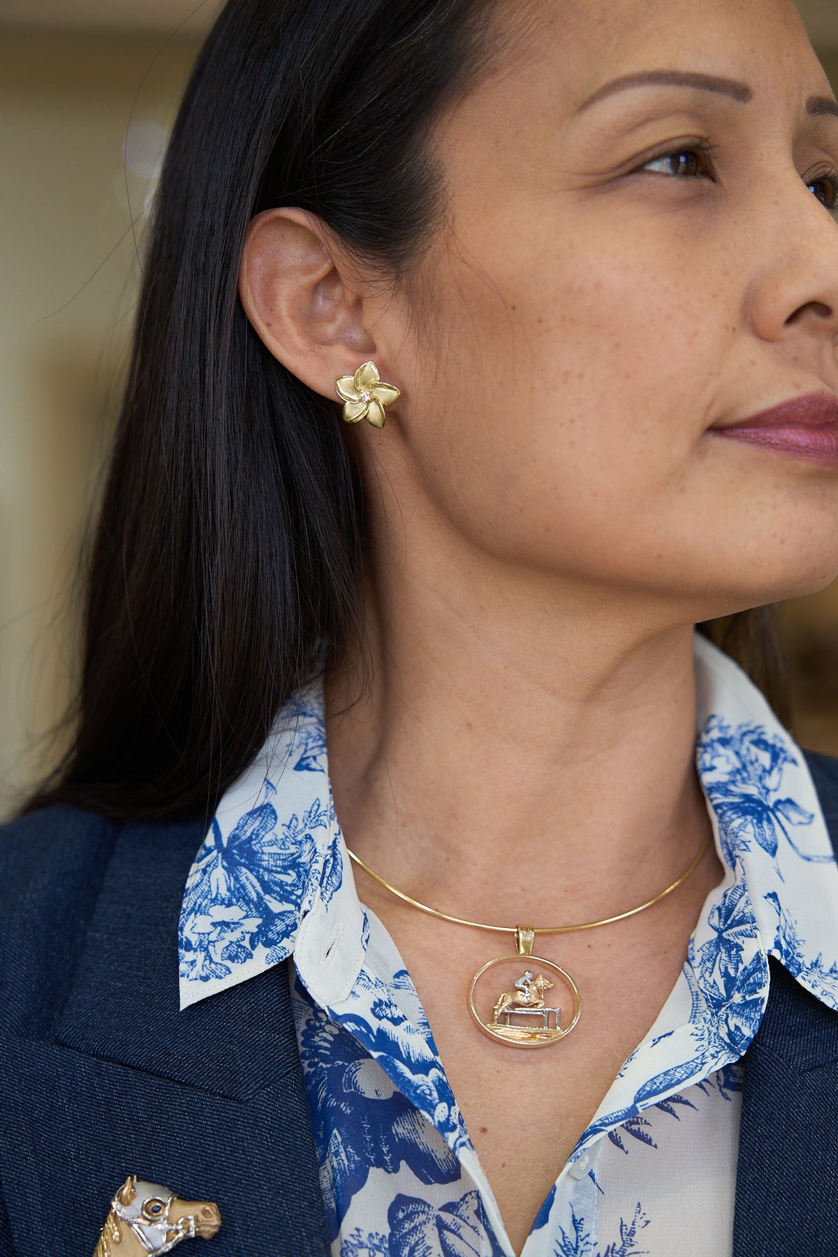 14K Green Gold Five-Petal Flower Earrings with Diamond Centers
