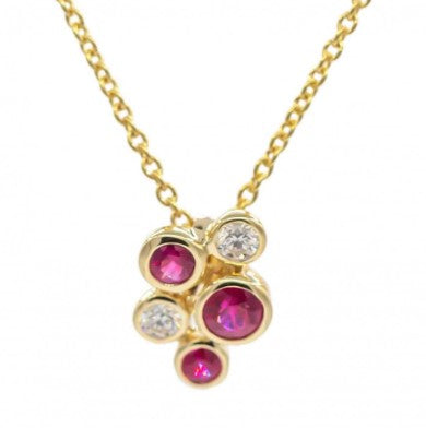 14 Karat Yellow Gold Ruby and Diamond Cluster Pendant