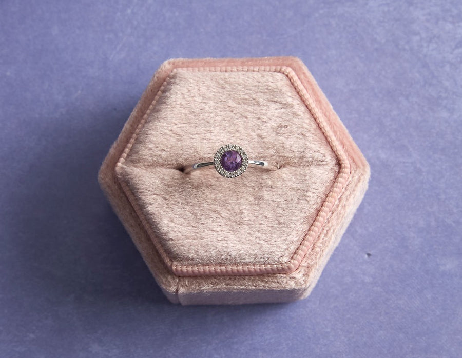 Amethyst & Diamond Halo Ring in 14K White Gold