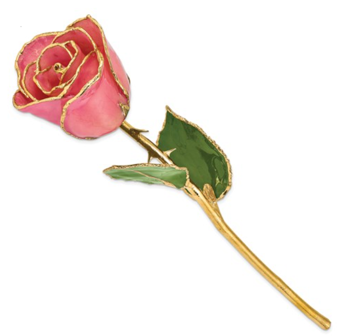 Lacquer Dipped 24 Karat Gold Trimmed Real Pink Rose